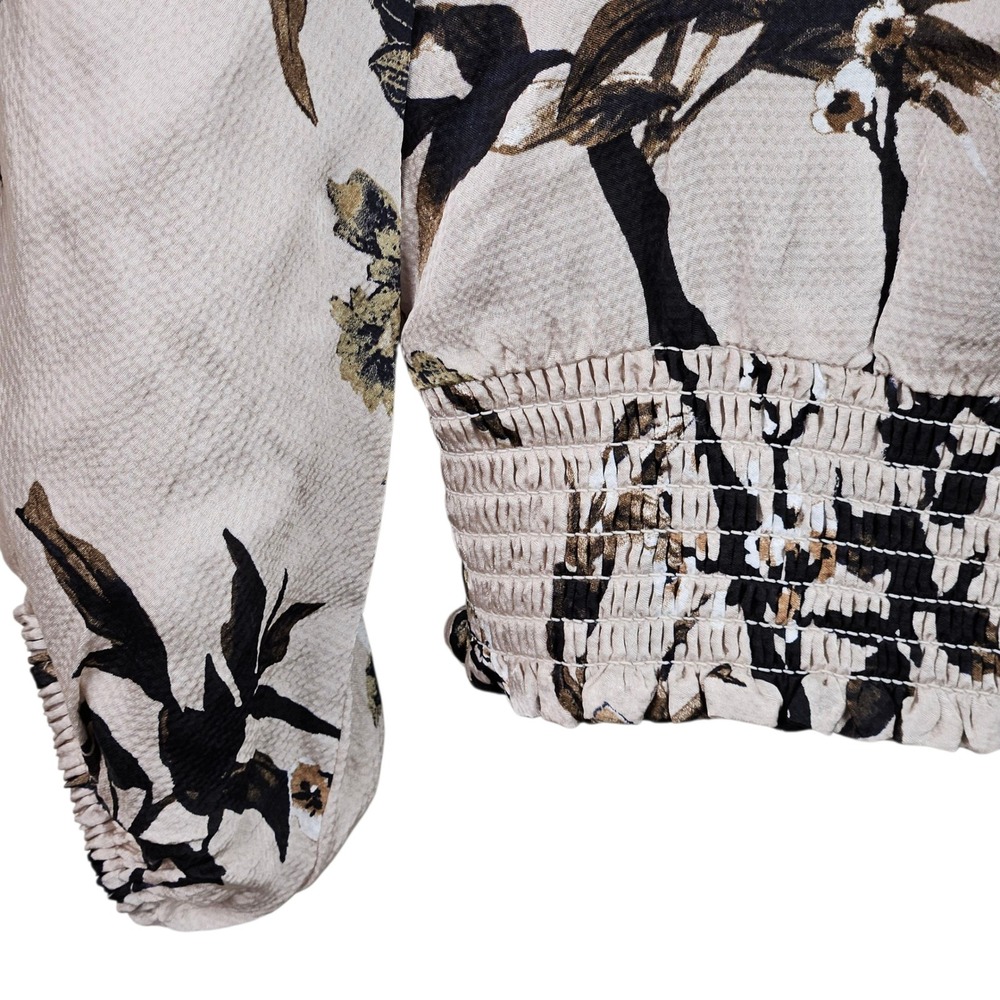 White House Black Market Floral Tie Neck Long‎ Sleeve Smocked Blouse Size S - Picture 7 of 10